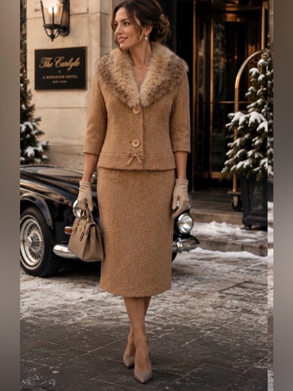 STUNNING Vintage Marissa of California Genuine Fur Beige Skirt Suit Set Sz 8-10